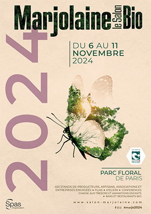 Affiche du salon bio Marjolaine 2024 qui se tiendra du 6 au 11 novembre au Parc Floral de Paris